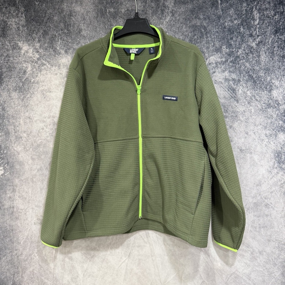 Land's End Men's Long Sleeve Full Zip Grid Fleece Jacket Green XL Reflective